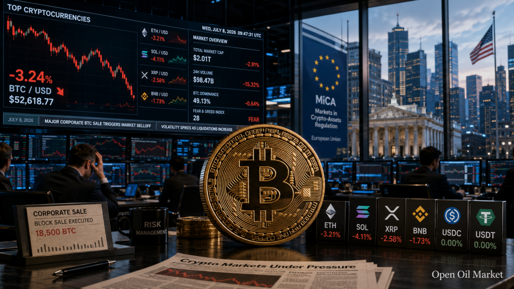 کرپٹو کرنسی کی خبریں، بدھ 8 جولائی 2026: Bitcoin دباؤ میں Strategy اور نئے میکا کے قوانین