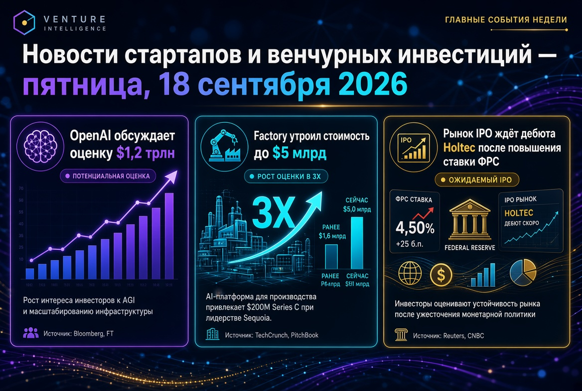 اسٹارٹ اپس اور وینچر سرمایہ کاری کی خبریں — جمعہ، 18 ستمبر 2026: OpenAI 1.2 ٹریلین ڈالر کی قیمت پر بحث کر رہا ہے، Factory کی قیمت 5 بلین ڈالر تک پہنچ گئی، IPO مارکیٹ Holtec کی آمد کا انتظار کر رہی ہے۔