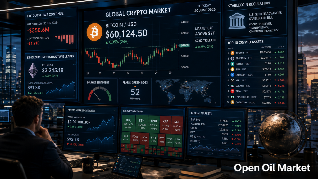 کرپٹو کرنسی مارکیٹ 30 جون 2026: Ethereum, Solana, XRP, BNB, USDT, USDC اور ETF کے انخلا