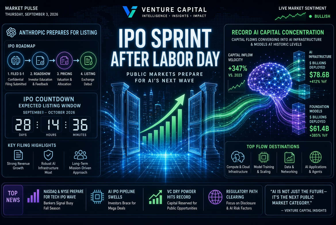 اسٹارٹ اپس اور خطراتی سرمایہ کاری کی خبریں — جمعرات، 3 ستمبر 2026: محنت کا دن کے بعد IPO-اسپرنٹ، Anthropic کی درج فہرست ہونے کی تیاری اور AI-سرمایہ کی ریکارڈ مقدار