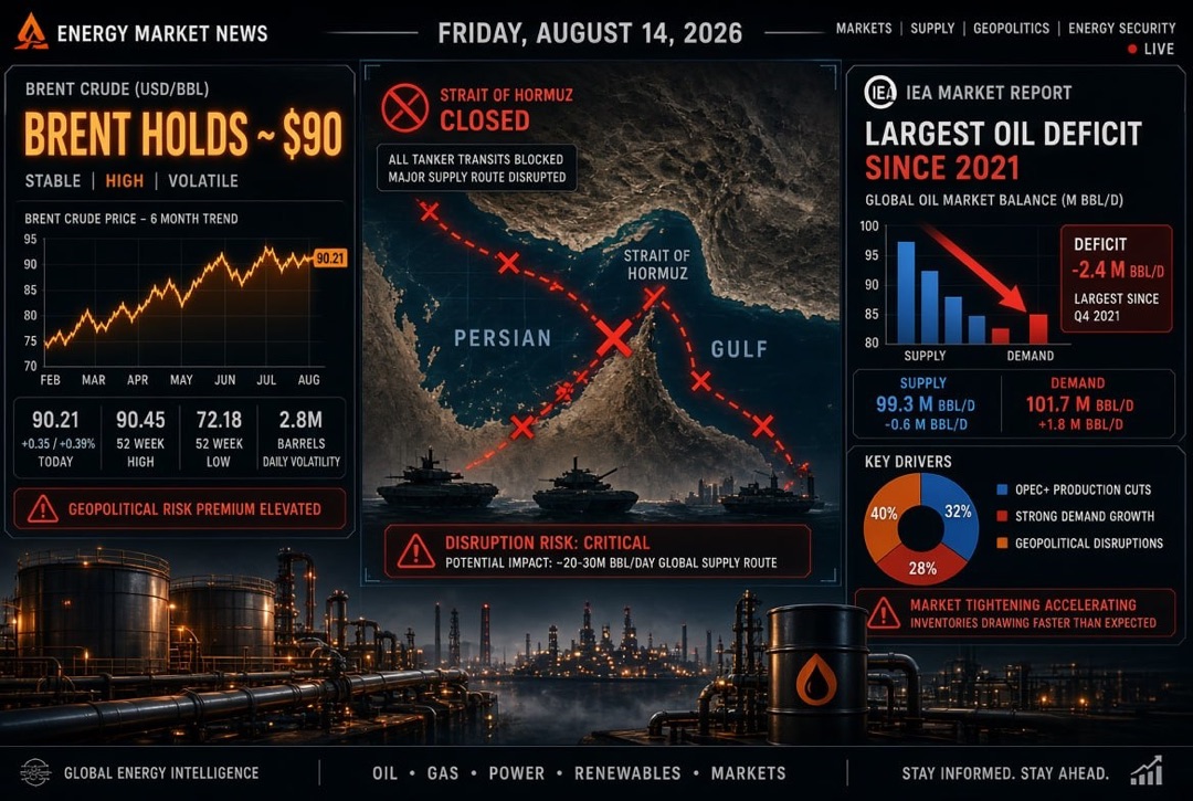 تیل اور گیس کی خبریں — جمعہ، 14 اگست 2026: برینٹ 90 ڈالر پر برقرار ہے، ہارمز کی خلیج بند ہے؛ ایجنسی 2021 کے بعد کی سب سے بڑی تیل کی کمی کو ریکارڈ کرتی ہے