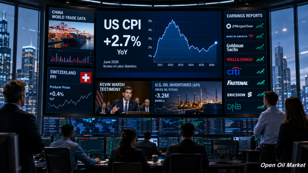 عالمی مارکیٹیں 14 جولائی 2026 — CPI امریکہ، چین کی اعداد و شمار، API تیل کے ذخائر اور JPMorgan، Bank of America، Goldman Sachs، Wells Fargo اور Citigroup کی رپورٹس