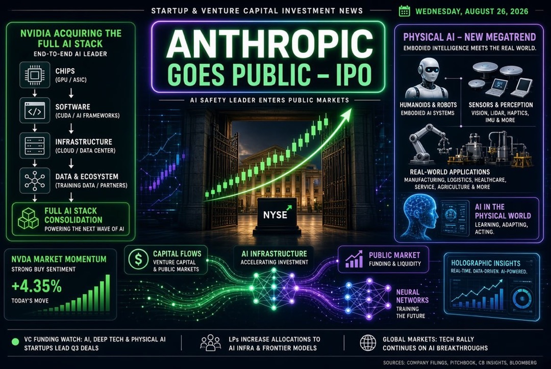 اسٹارٹ اپس اور ویچرل سرمایہ کاری کی خبریں — بدھ، 26 اگست 2026: Anthropic کا IPO، Nvidia کا AI اسٹیک خریدنا، اور جسمانی AI کا نئے میگٹرینڈ کے طور پر ابھرنا۔