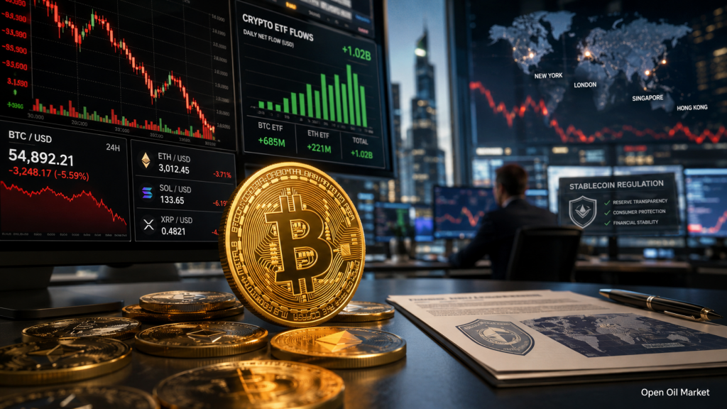 کریپٹو کرنسی مارکیٹ 9 جولائی 2026: Bitcoin پر دباؤ، ETF میں سرمایہ، Ethereum، Solana، XRP اور سٹیبل کوائنز کی ریگولیشن