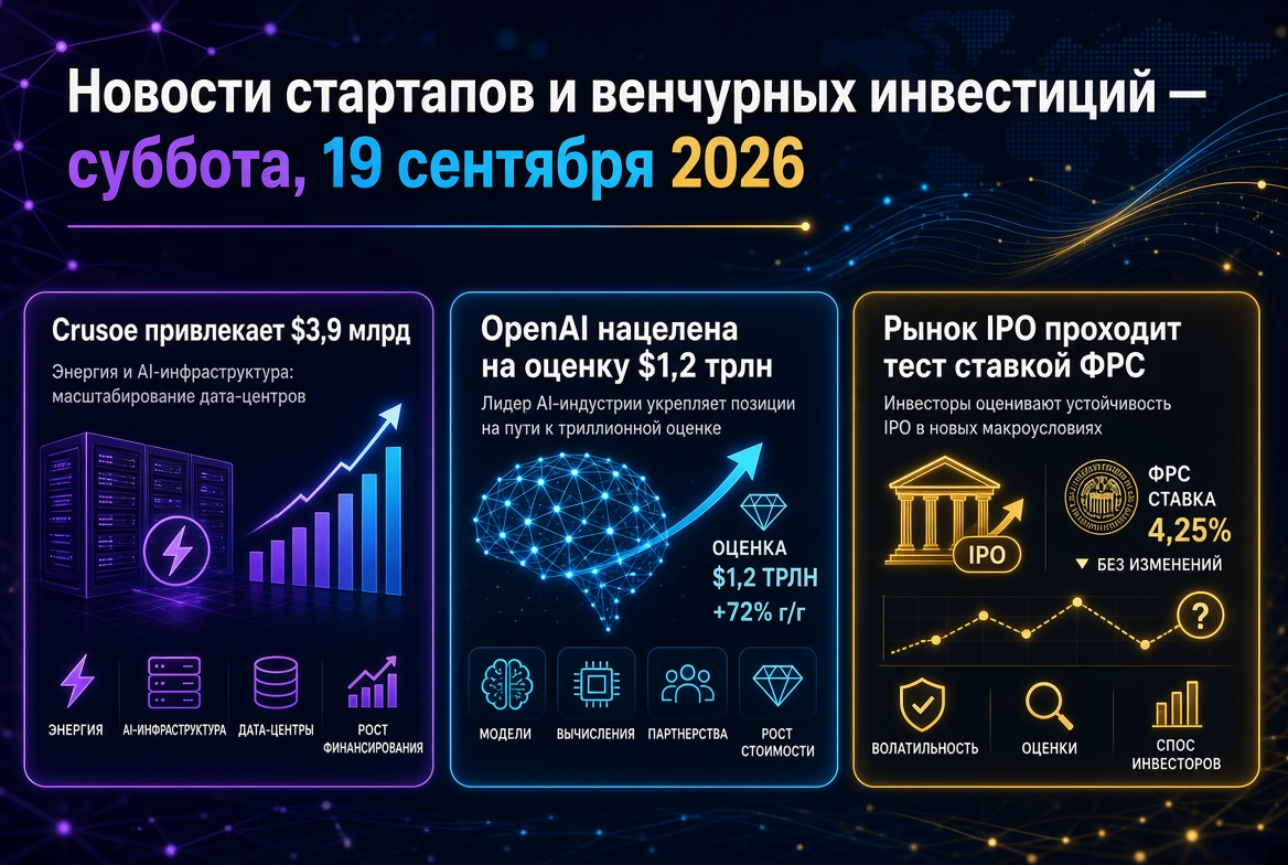 اسٹارٹ اپس اور وینچر کی سرمایہ کاری — ہفتہ، 19 ستمبر 2026: Crusoe نے $3.9 بلین جمع کیا، OpenAI کا ہدف $1.2 ٹریلین، IPO مارکیٹ فیڈرل ریسرور کی شرح کی وجہ سے ٹیسٹ کر رہی ہے