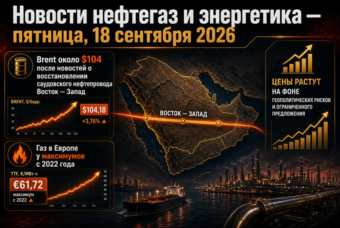 تیل اور گیس کی خبریں — جمعہ، 18 ستمبر 2026: برینٹ تقریباً $104 پر سعودی عرب کی مشرق – مغرب تیل پائپ لائن کی بحالی کی خبر کے بعد، یورپ میں گیس کی قیمتیں 2022 کے بلند ترین سطحوں پر