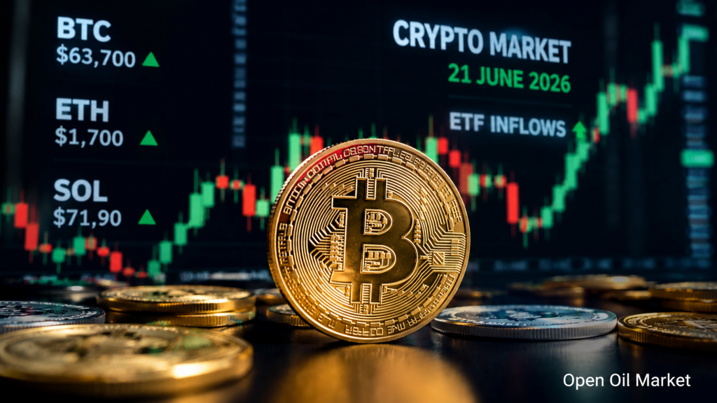 کرپٹو کرنسی کی خبریں، اتوار، 21 جون 2026: Bitcoin $63-64 ہزار پر قائم ہے، ETF کے بہاؤ اور اسٹبل کوائنز کے ضابطے کا مارکیٹ پر اثر۔